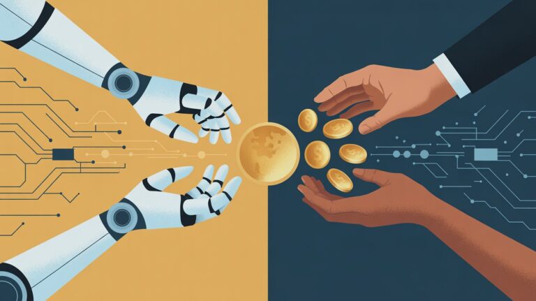 Mano che riceve monete digitali su sfondo di robot e lavoratori — reddito universale di base nell'era dell'AI