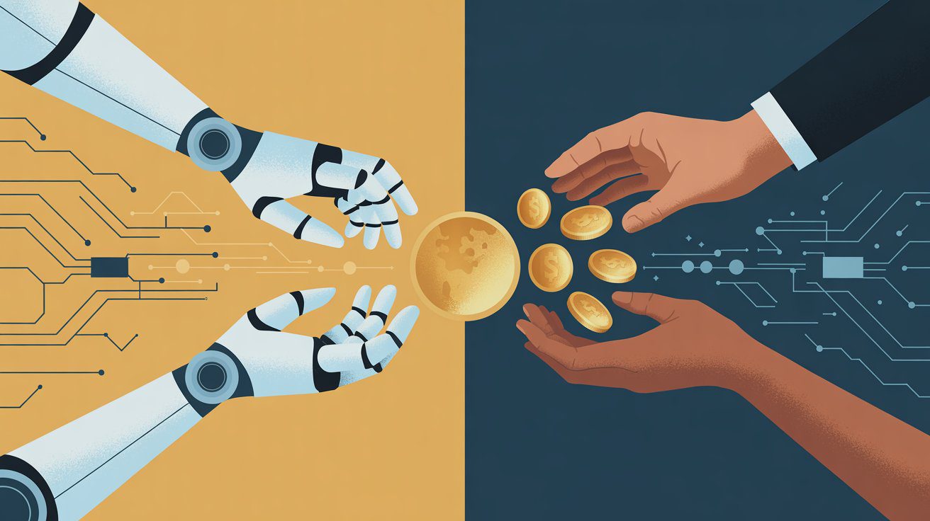 Mano che riceve monete digitali su sfondo di robot e lavoratori &mdash; reddito universale di base nell'era dell'AI
