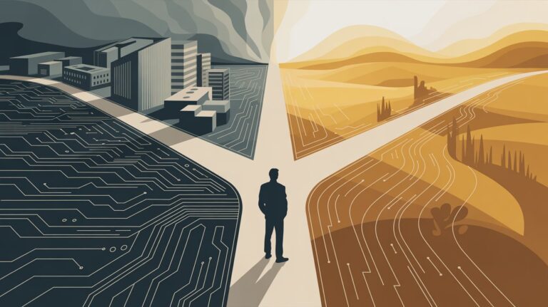 Persona che guarda l'orizzonte con sullo sfondo una città digitale — lavoro, AI e futuro delle scelte umane
