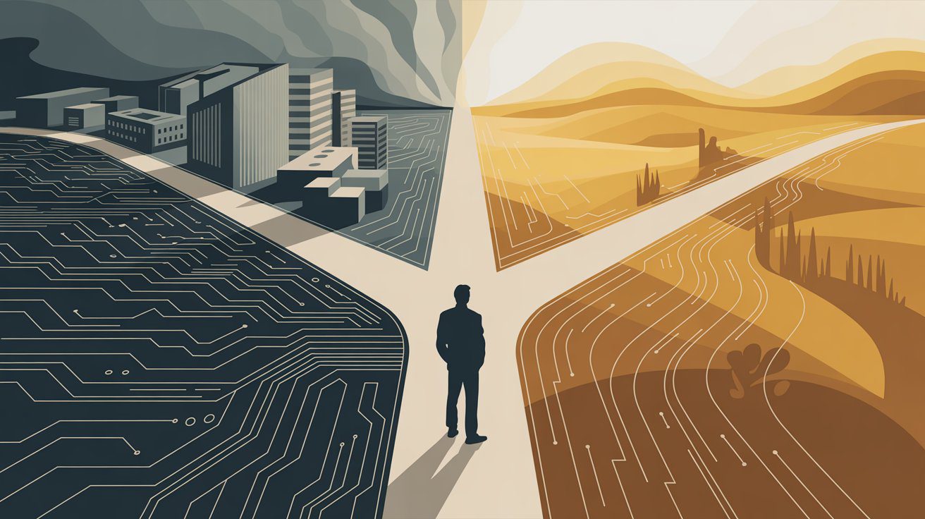 Persona che guarda l'orizzonte con sullo sfondo una città digitale — lavoro, AI e futuro delle scelte umane