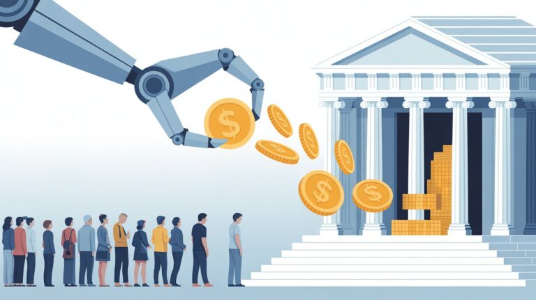 Logo OpenAI su sfondo di un'aula parlamentare — proposta politica industriale AI per tassare i robot e redistribuire la ricchezza