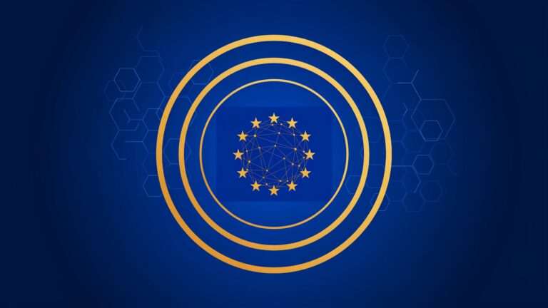 Bandiera europea con simbolo AI e testo di legge — AI Act Europa regolamentazione intelligenza artificiale 2026