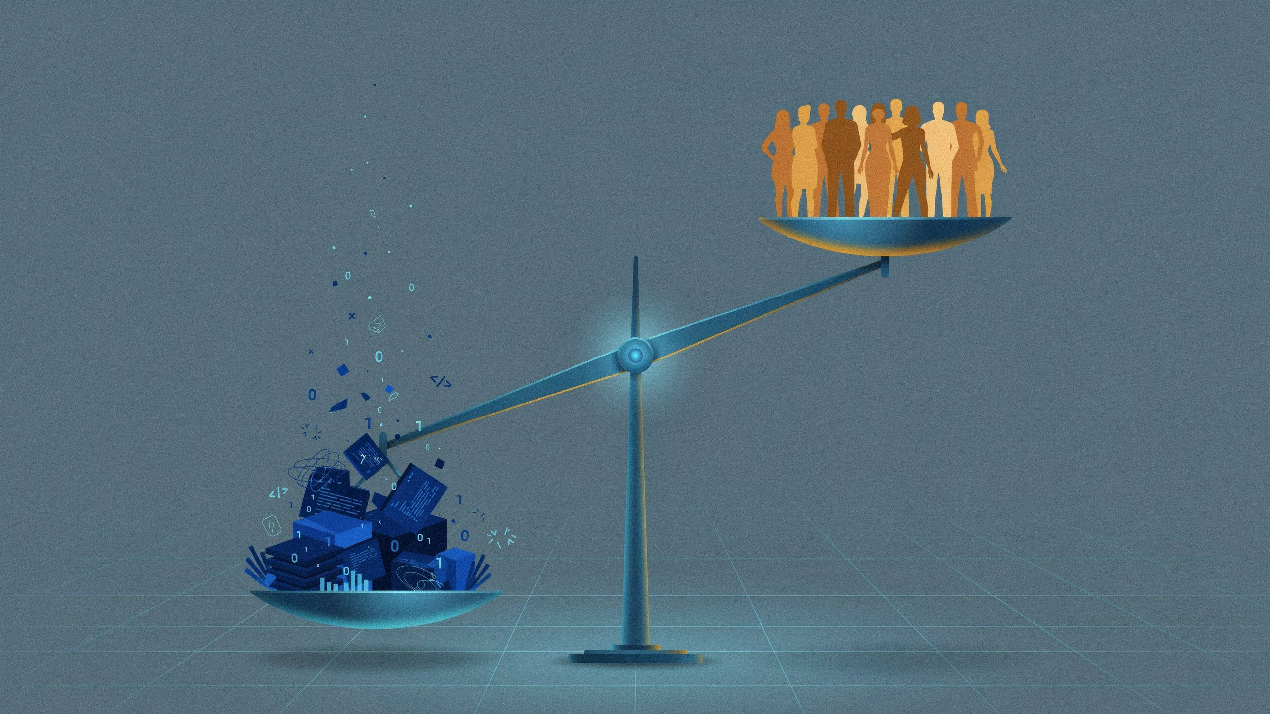 Algoritmo AI con frecce che puntano a diverse persone in modo diseguale &mdash; bias algoritmici e discriminazione automatizzata