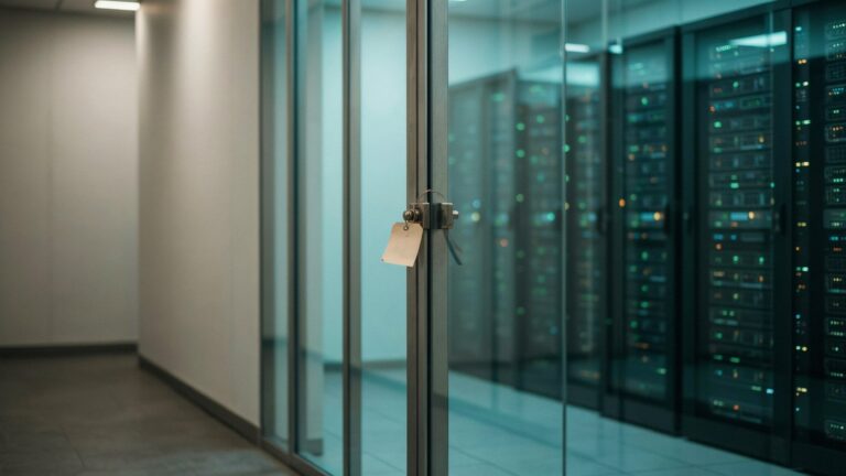 Sala server vista da un corridoio con una porta chiusa: il confine tra test e mercato nell'AI Act OpenAI Anthropic
