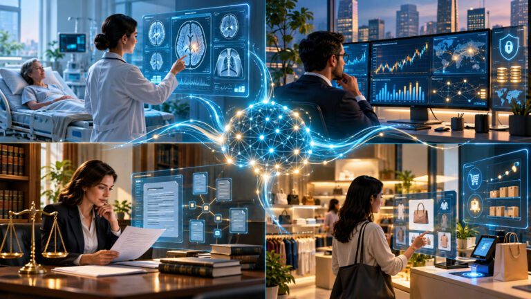 Quattro icone settoriali (stethoscope, grafico finanza, bilancia legge, carrello retail) con AI overlay — impatto intelligenza artificiale nei settori professionali