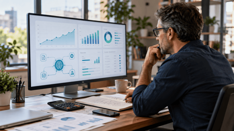 Professionista analizza dashboard e grafici per misurare il ROI dell’intelligenza artificiale in azienda.