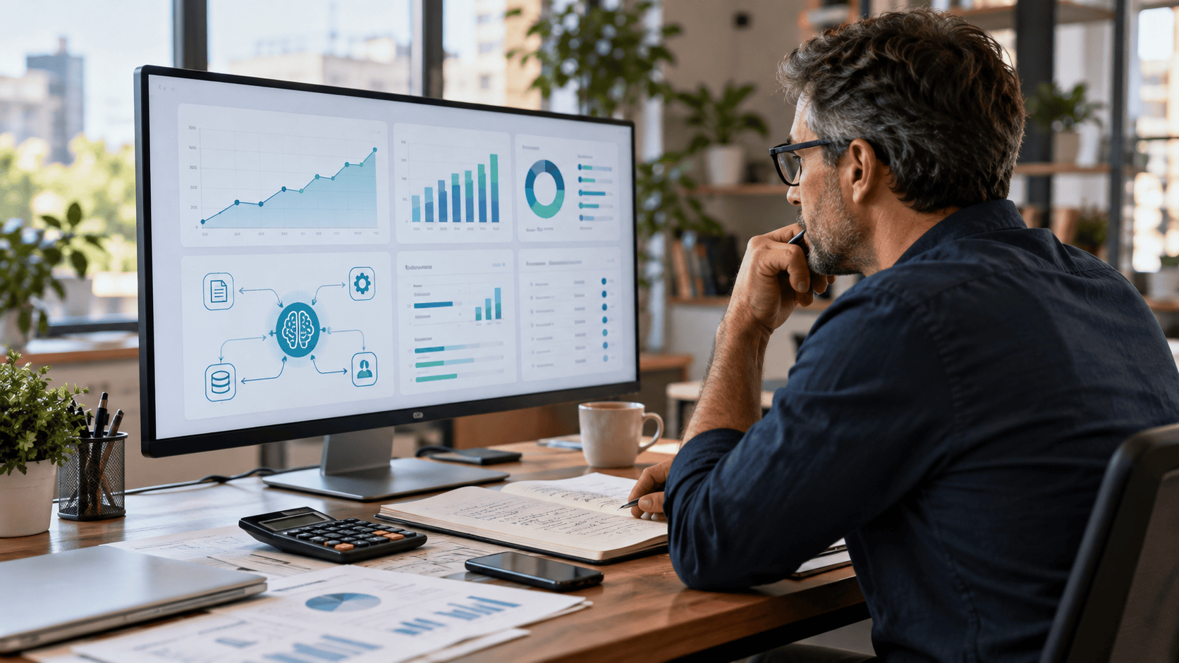 Professionista analizza dashboard e grafici per misurare il ROI dell&rsquo;intelligenza artificiale in azienda.